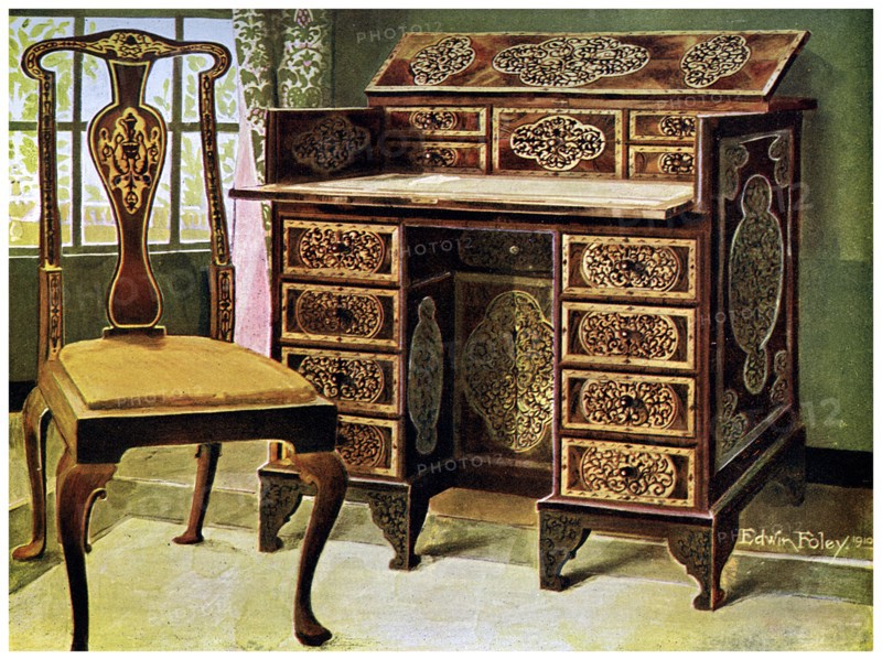 Walnut inlaid writing table, 1910.Artist: Edwin Foley