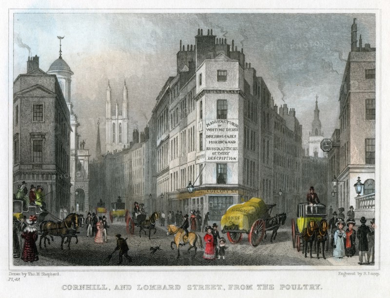 Cornhill and Lombard Street from Poultry, City of London, 1830.Artist: S Lacey