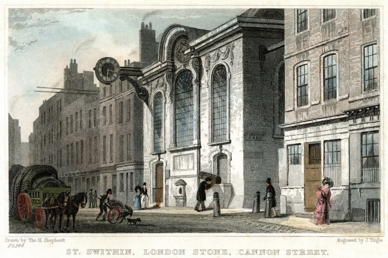 Church of St Swithin and the London Stone, Cannon Street, City of London, c1830.Artist: J Tingle