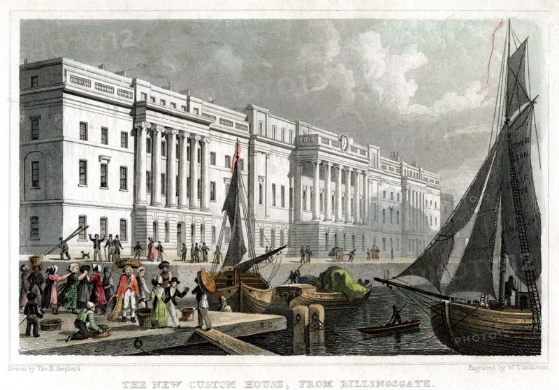 The new Custom House, from Billingsgate, City of London, c1830.Artist: William Tombleson