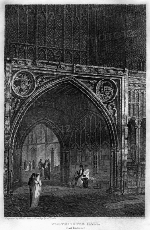 East entrance to Westminster Hall, London, 1815.Artist: Wallis