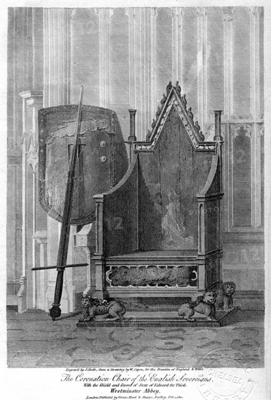 The coronation chair of the English sovereigns, Westminster Abbey, London, 1810.Artist: John Roffe