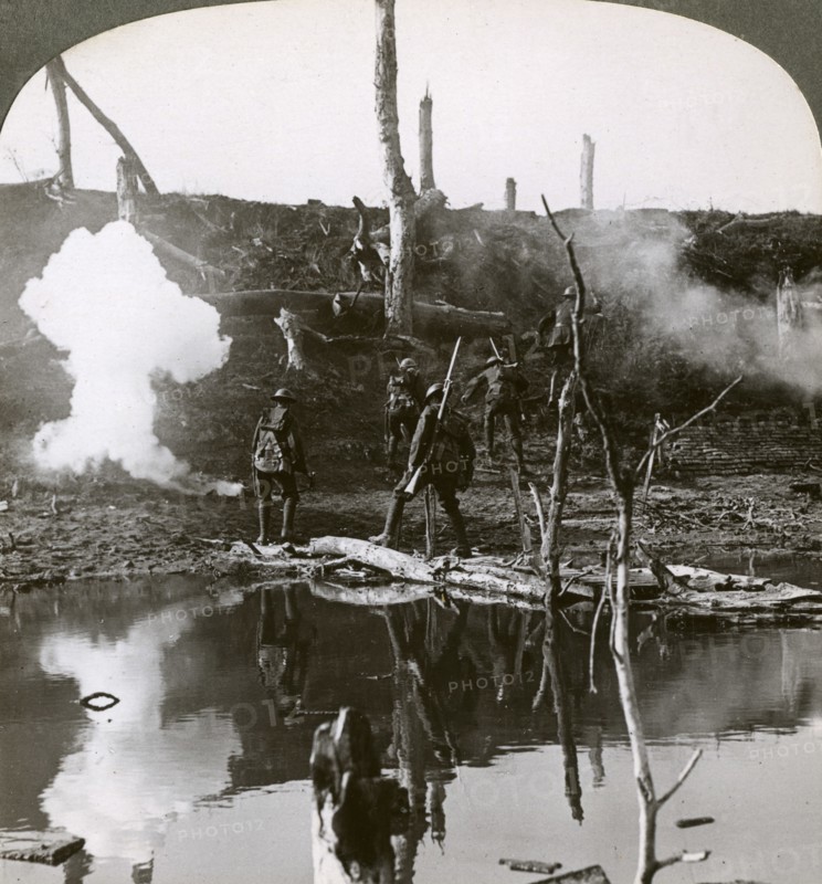Soldiers crossing the river Ancre, Battle of the Somme, France, World War I, 1916.Artist: Realistic Travels Publishers