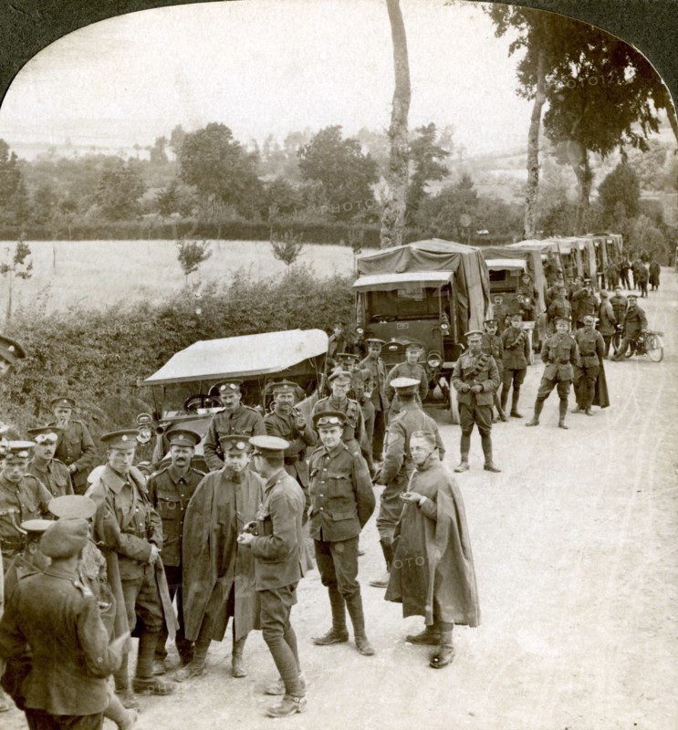 Ammunition convoy parked in a Flanders lane awaiting orders, World War I, 1914-1918.Artist: Realistic Travels Publishers