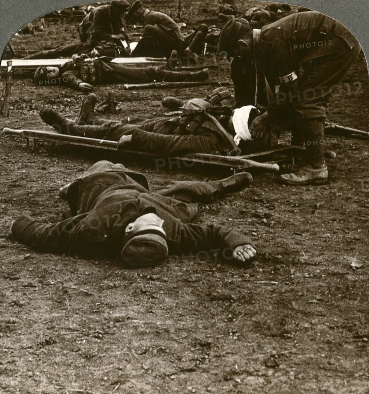 After the storm and stress of battle, caring for the wounded, World War I, 1914-1918.Artist: Realistic Travels Publishers
