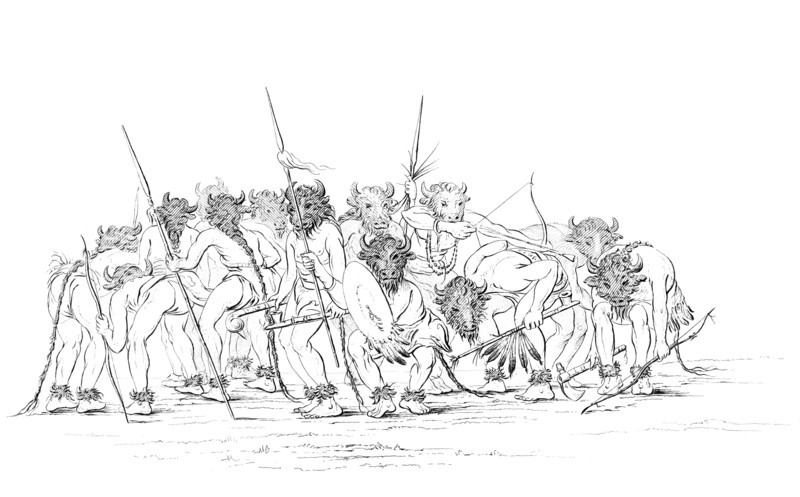 Native American hunters dancing wearing buffalo masks, 1841.Artist: Myers and Co