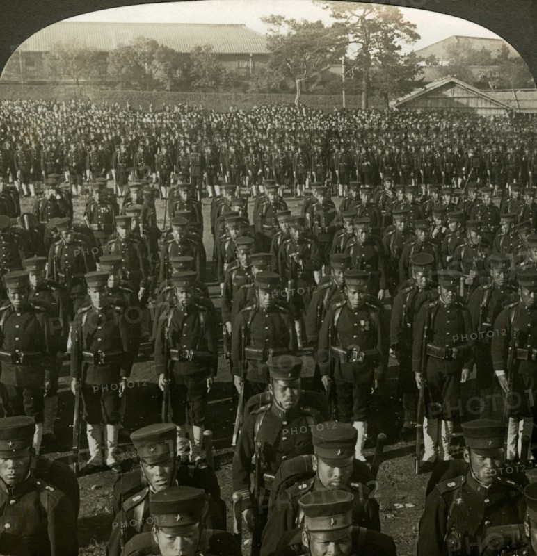 Japanese infantry at the Emperor's birthday review, Tokyo, Japan.Artist: Excelsior Stereoscopic Tours