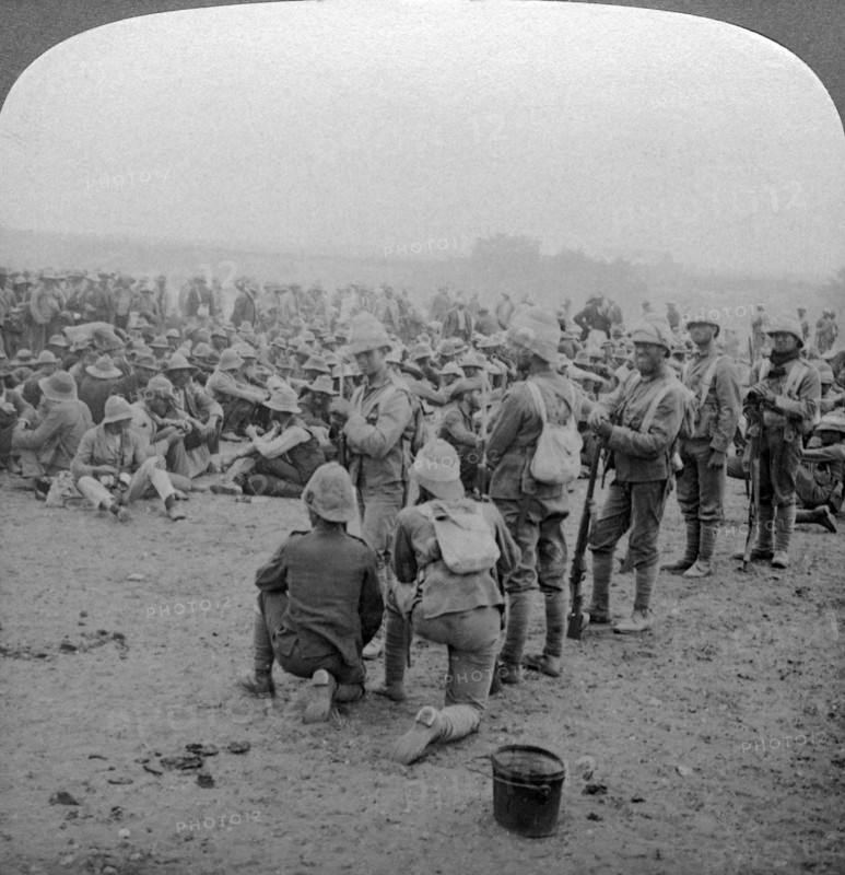 Boer prisoners resting on the road from Paardeberg to Modder River, South Africa, 1900-1902.Artist: Underwood & Underwood