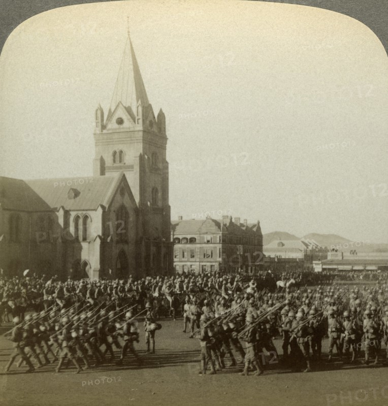 British soldiers reviewed by Lord Roberts, Public Square, Pretoria, South Africa, Boer War, 1900.Artist: Underwood & Underwood