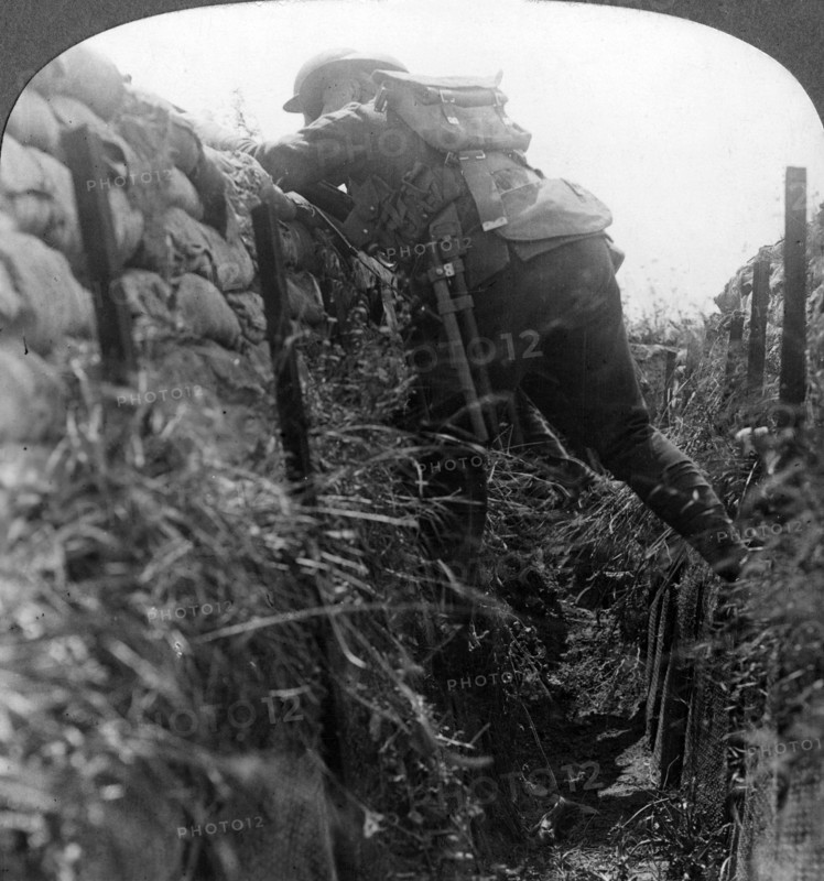 Canadian infantry in the trenches, World War I, 1914-1918.Artist: Realistic Travels Publishers