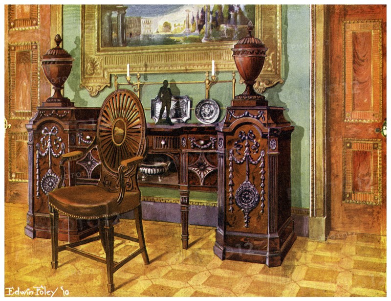 Carved mahogany pedestal sideboard and oval wheelback master's chair, 1911-1912.Artist: Edwin Foley