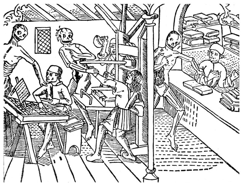 Printworkers harrassed by skeletons, 1499 (1956). Artist: Unknown