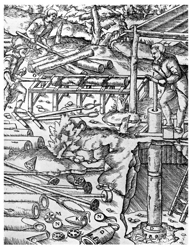 Making and using elm tree pumps to drain mines before the days of the steam engine, 1556 (1956). Artist: Unknown