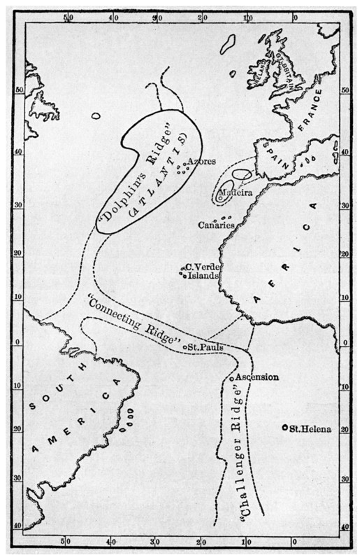 Atlantis: a map showing the location of the mythical continent, c1882 (1956). Artist: Unknown