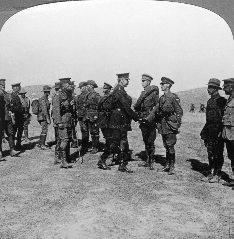 Lord Kitchener praises troops for their assaults at the Dardanelles, World War I, 1915-1916.Artist: Realistic Travels Publishers