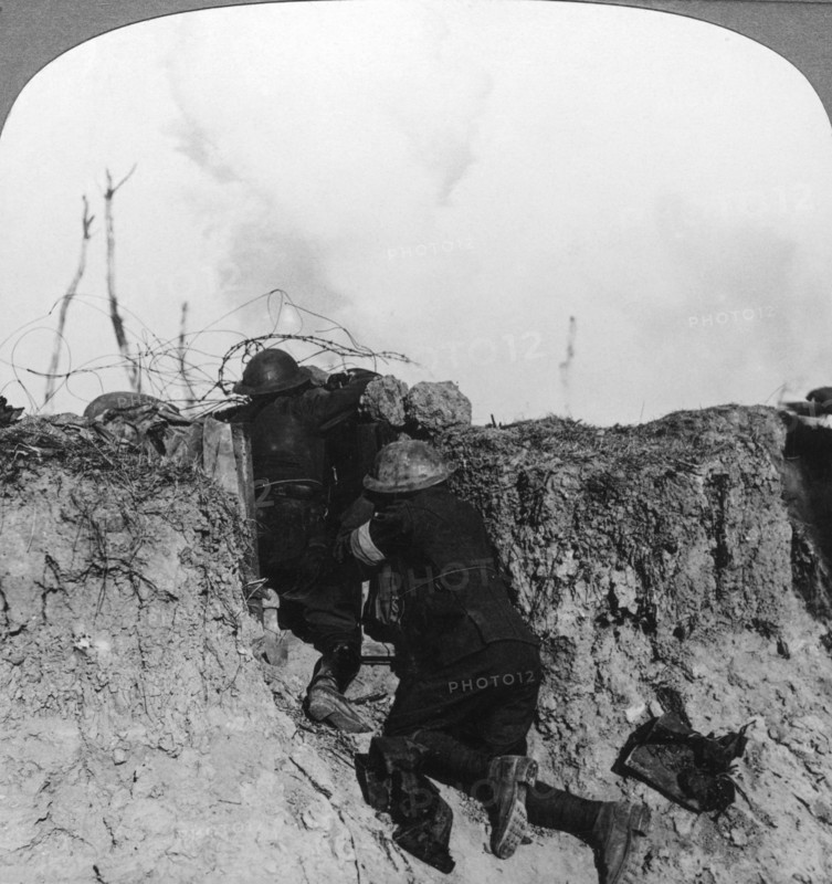 Artillery observation officer in forward post, France, World War I, 1914-1918.Artist: Realistic Travels Publishers