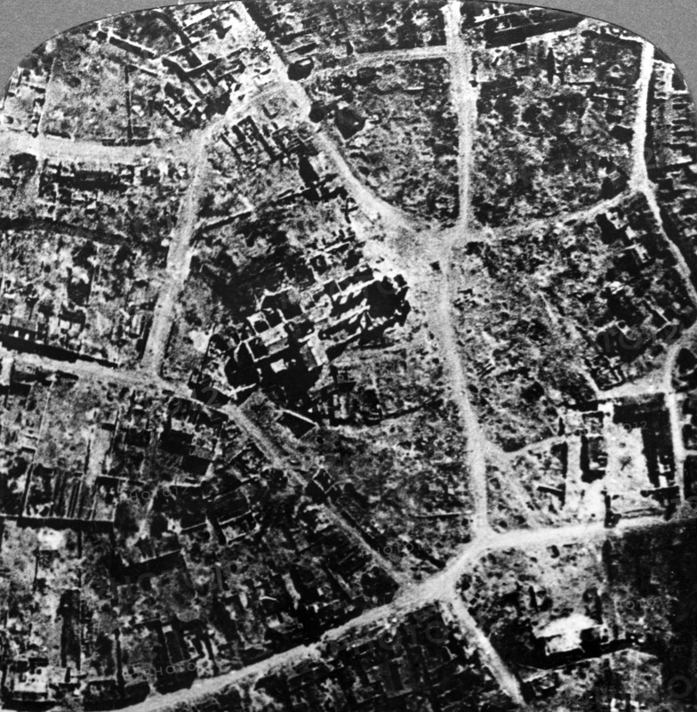 Aerial view of the ruins of the town and basilica of Albert, France, World War I, 1914-1918.Artist: Realistic Travels Publishers