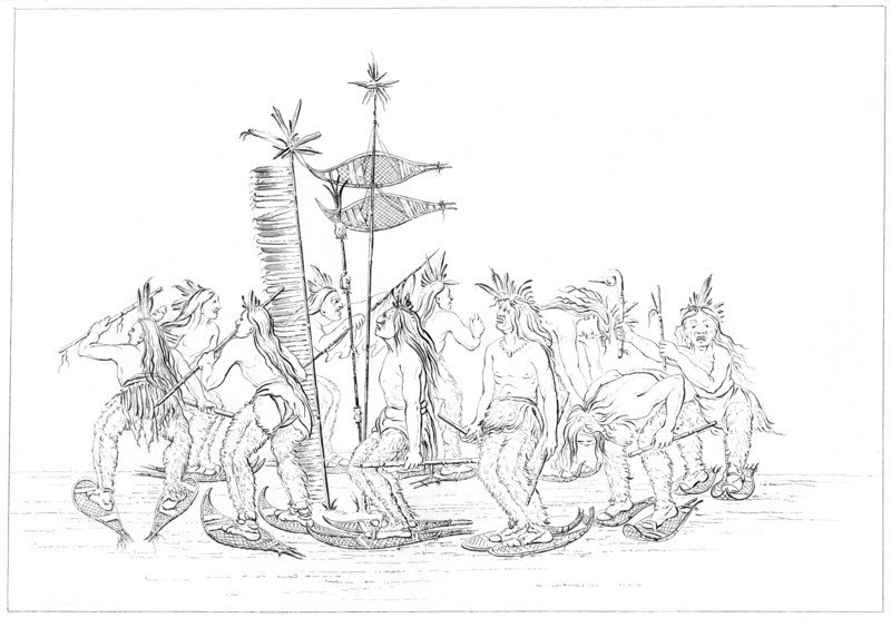 Chippewa snowshoe dance, 1841.Artist: Myers and Co