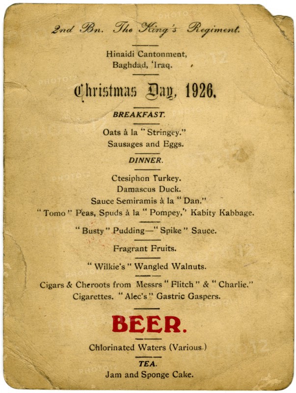 Christmas Day menu, 2nd Battalion the King's Regiment, Iraq, 1926. Artist: Unknown