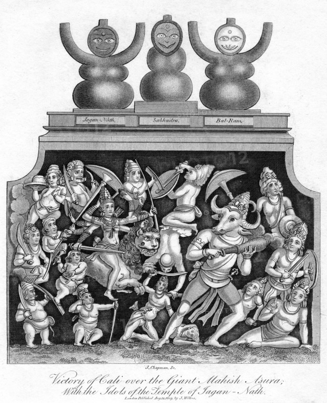 'Victory of Cali over the Giant Mahish A'sura, with the idols of the Temple of Jagannath', 1809.Artist: J Chapman