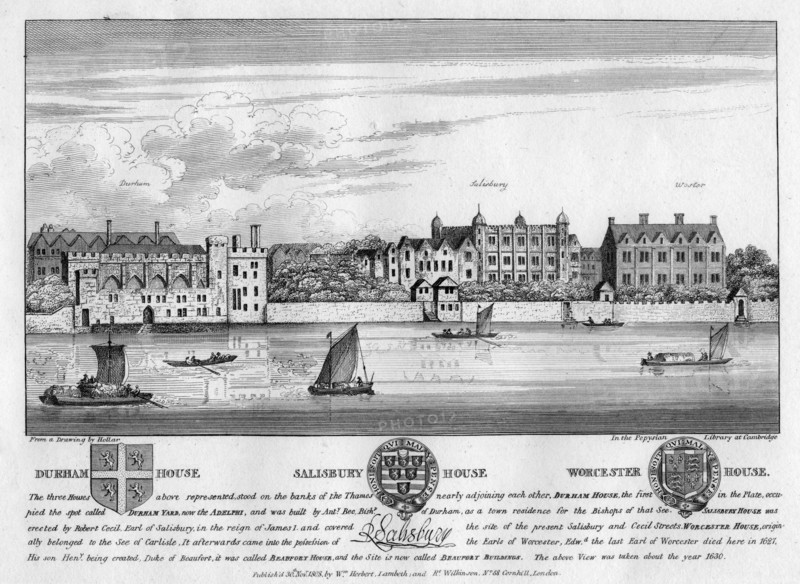 Durham House, Salisbury House, and Worcester House, London, c1630 (1808). Artist: Unknown