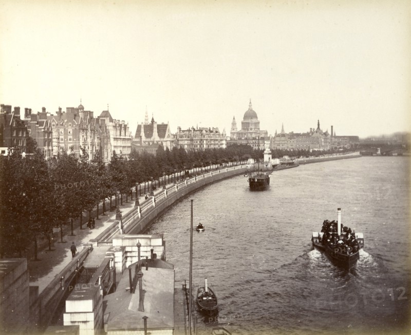 Victoria Embankment, showing Temple Gardens and St Paul's Cathedral, London, 1887. Artist: Unknown