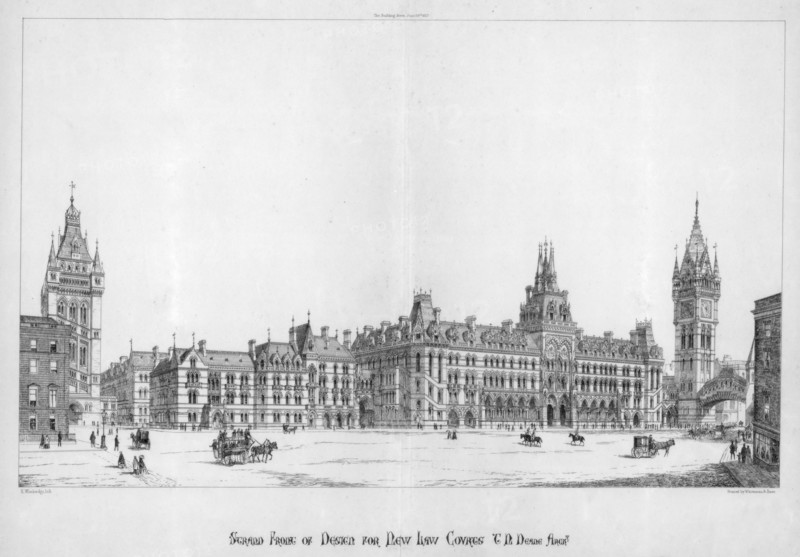 Strand front of design for new law courts, 1867. Artist: E Wimbridge
