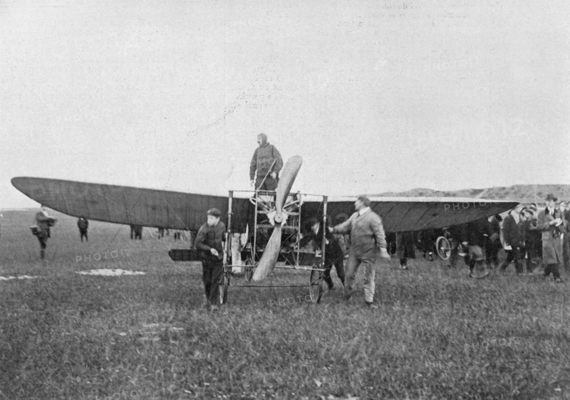 Louis Blériot about to make the first successful flight across the English Channel, 1909. Artist: Unknown