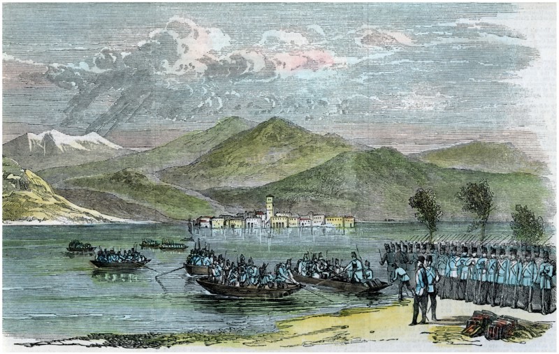 'The war, Austrians crossing the Lago Maggiore', Italy, c1875. Artist: Unknown