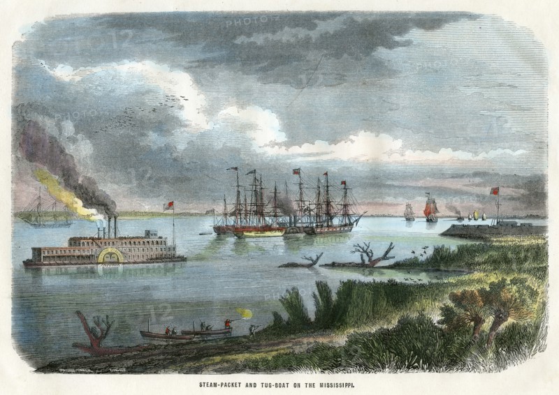 'Steam-packet and tug-boat on the Mississippi', USA, c1875. Artist: Unknown
