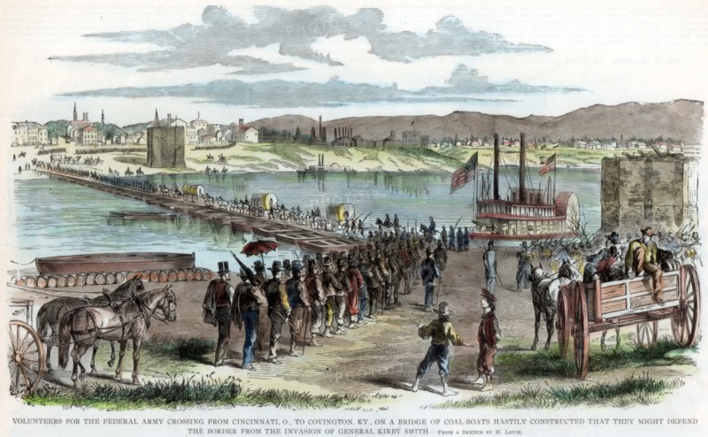 Union volunteers crossing the Ohio River, Cincinnati, Ohio, American Civil War, c1862. Artist: Unknown