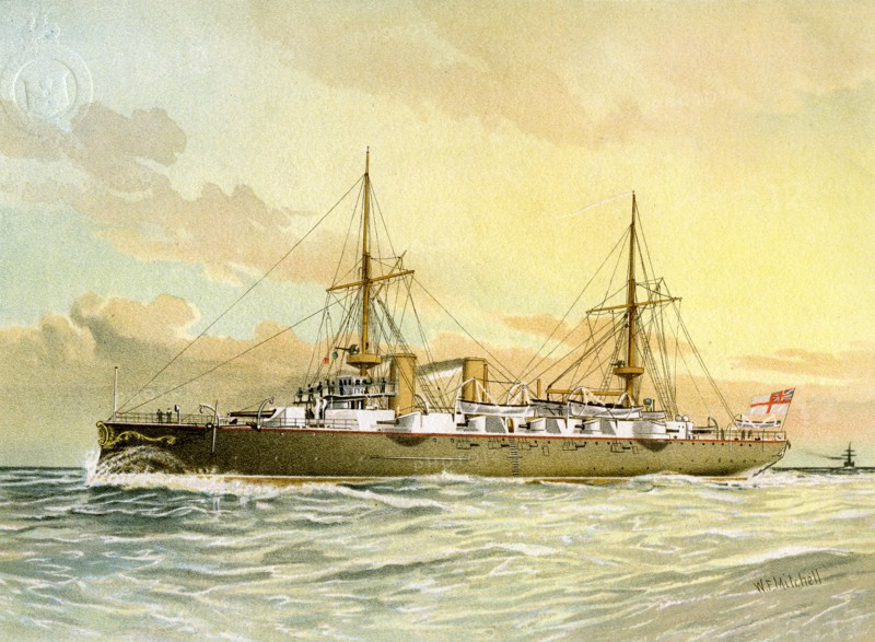 HMS 'Undaunted', Royal Navy 1st class cruiser, c1890-c1893.Artist: William Frederick Mitchell