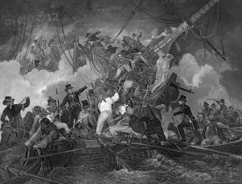The cutting out of the corvette 'La Chevrette', 21 July 1801 (c1857).Artist: J Rogers
