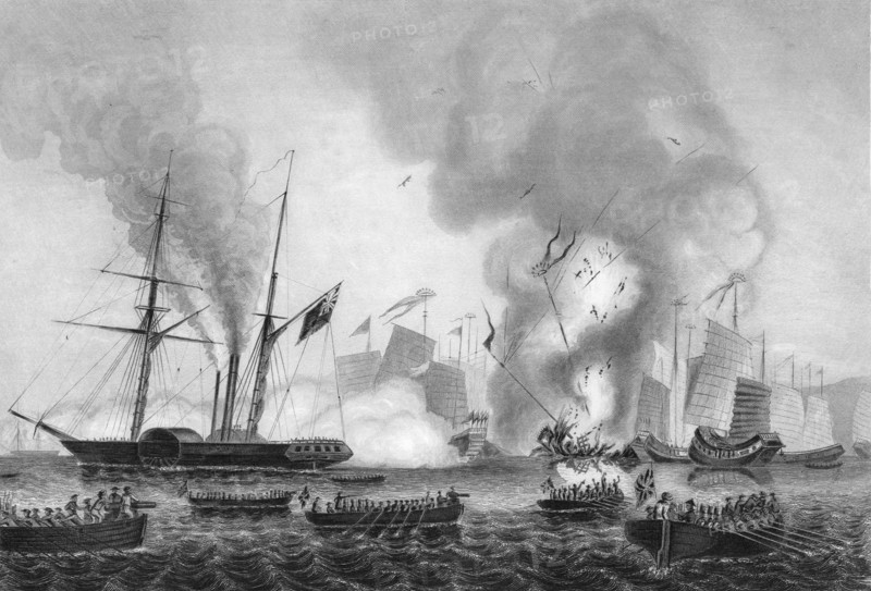 The destruction of the Chinese war junk in Anson's Bay, 7 January 1841 (c1857).Artist: George Greatbatch