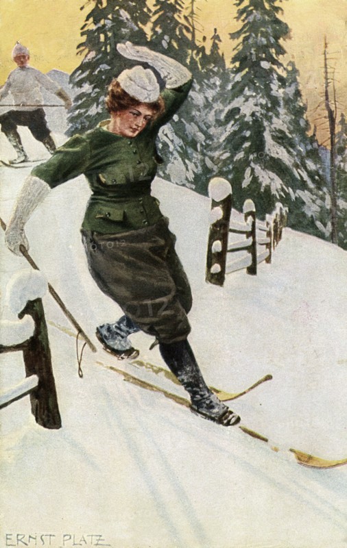 Woman skiing, late 19th or early 20th century.Artist: Ernst Platz