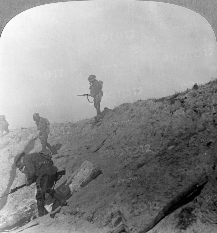 British troops advancing through gas, Passchandaele, Ypres, Belgium, World War I, c1914-c1918. Artist: Realistic Travels Publishers