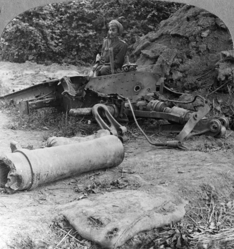 Shattered remains of a luckless howitzer blown up by a direct German hit, World War I, c1914-c1918. Artist: Realistic Travels Publishers