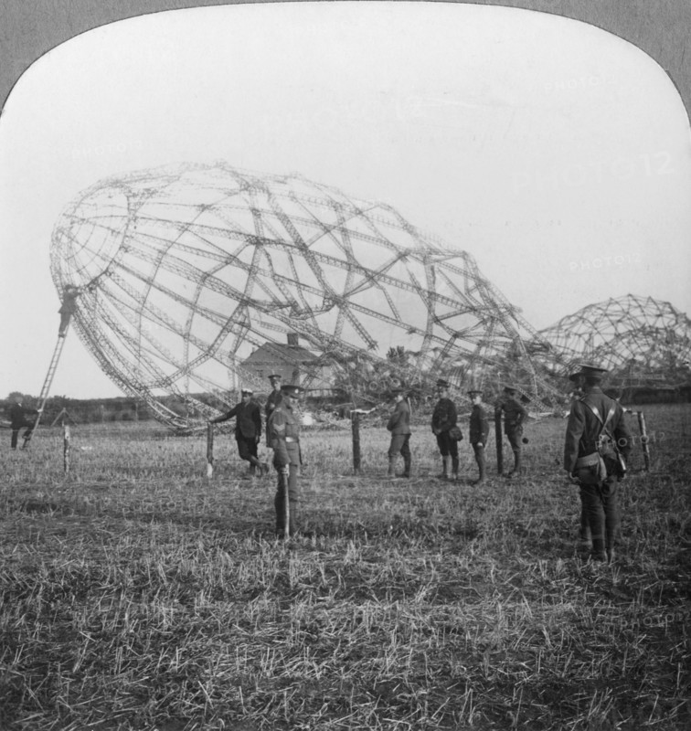 Zeppelin shot down near Colchester, Essex, World War I, 1916. Artist: Realistic Travels Publishers