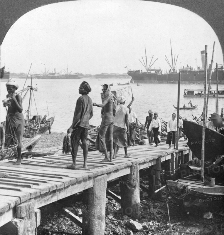 Landing stage on the Irawaddy River, Rangoon, Burma, 1908. Artist: Stereo Travel Co