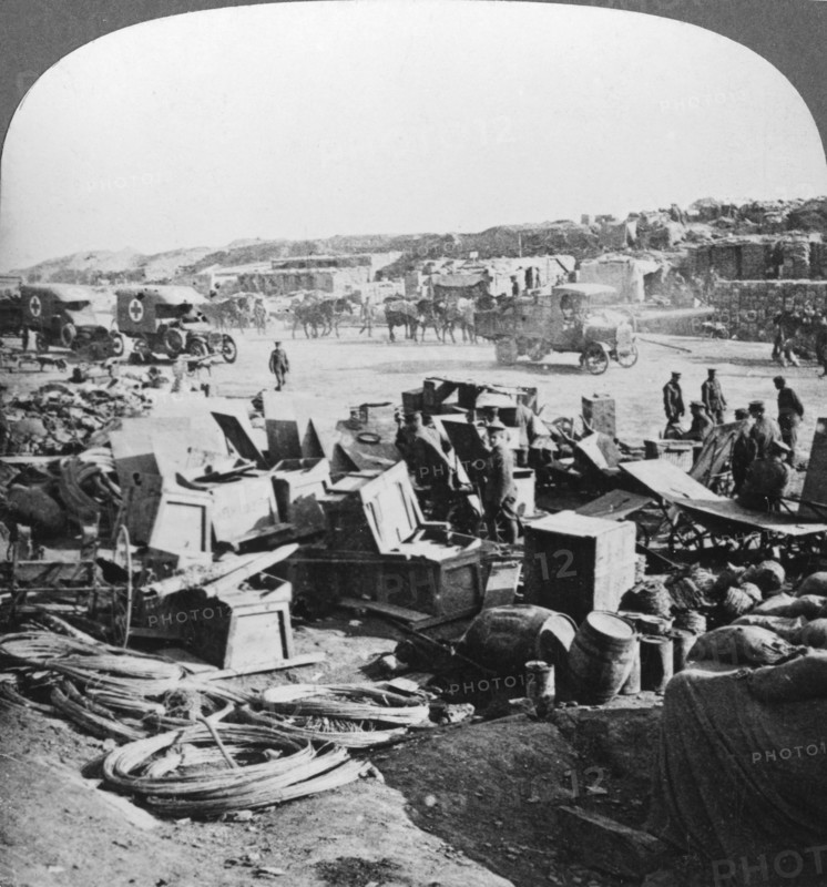 Supplies landed at Suvla Bay, Turkey, Gallipoli landings, World War I, 1915. Artist: Realistic Travels Publishers