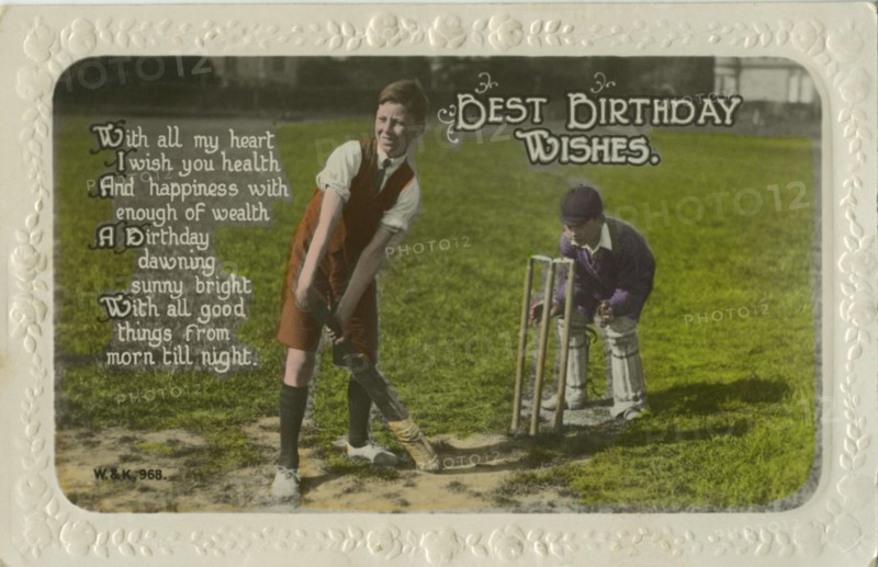 Birthday card featuring two boys playing cricket. Artist: Unknown