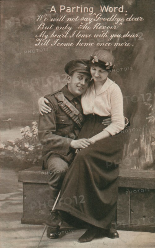 'A Parting Word', romantic postcard featuring a soldier and his sweetheart. Artist: Unknown