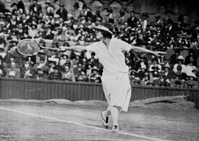 Helen Wills playing her first Wimbledon final against Kathleen McKane, 1924. Artist: Tropical Press
