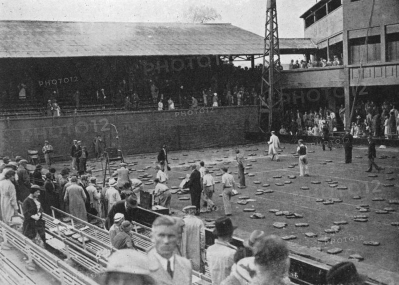 The cushion bombardment of No 1 Court, Davis Cup, Wimbledon, 1935. Artist: Planet News Ltd