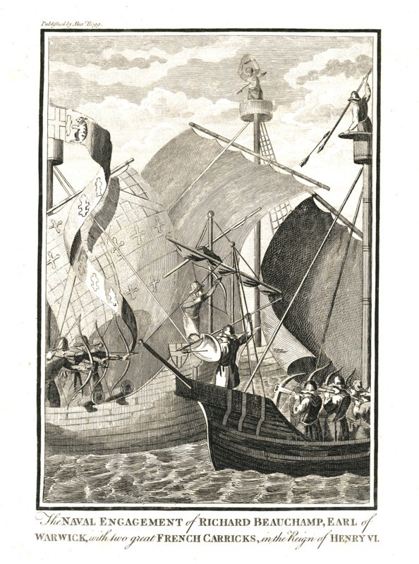 Naval Engagement against two great French Carricks by Richard Beauchamp Earl of Warwick in the reign Artist: Unknown.