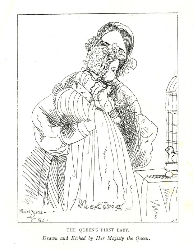 Earliest picture known of Victoria's first daughter, then the Princess Royal, age 3 months, with her Artist: Queen Victoria