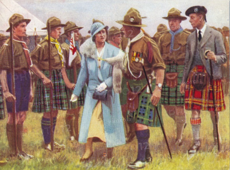 King George VI and Queen Elizabeth inspect scouts at Portree, on the Isle of Skye c1935. Creator: Unknown.