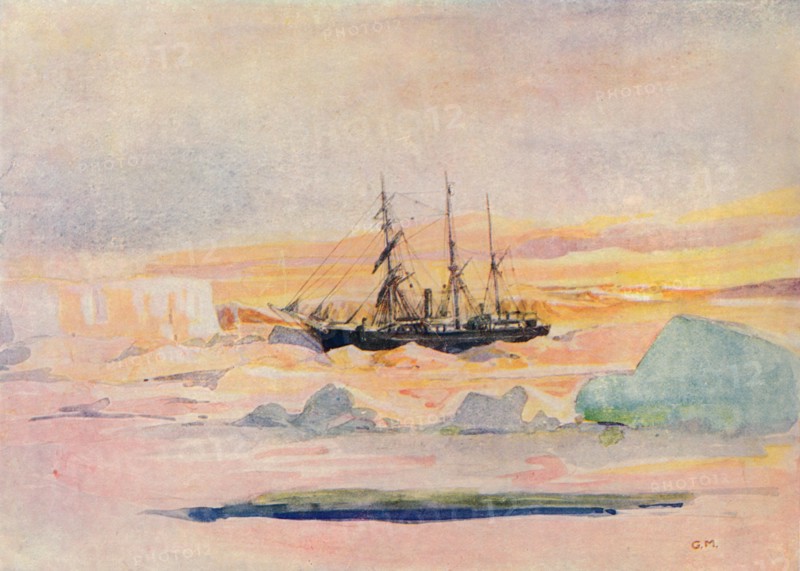 Shackleton's ship, the Nimrod, in McMurdo Sound, (1909), 1912. Artist: George Marston
