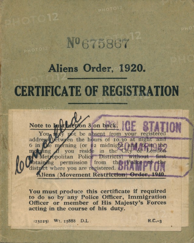 Aliens Order, Certificate of Registration, 1920. Artist: Unknown