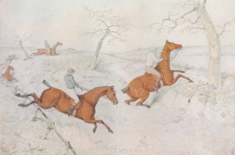 A Steeplechase: Crossing a deep ravine dangerous to pass, 1827. Artist: Henry Thomas Alken